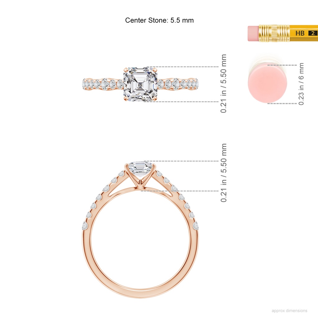 5.5mm HSI2 Solitaire Asscher-Cut Diamond Station Engagement Ring in Rose Gold ruler