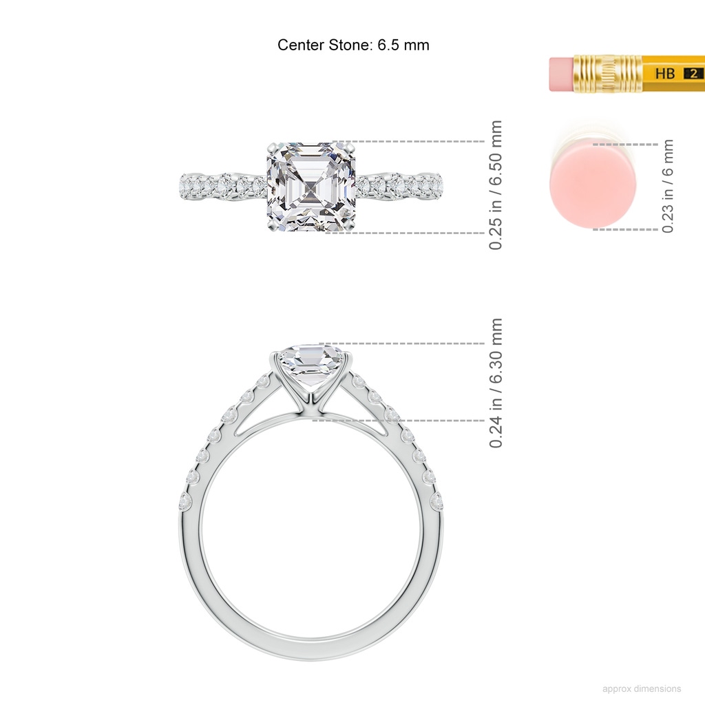 6.5mm HSI2 Solitaire Asscher-Cut Diamond Station Engagement Ring in White Gold ruler