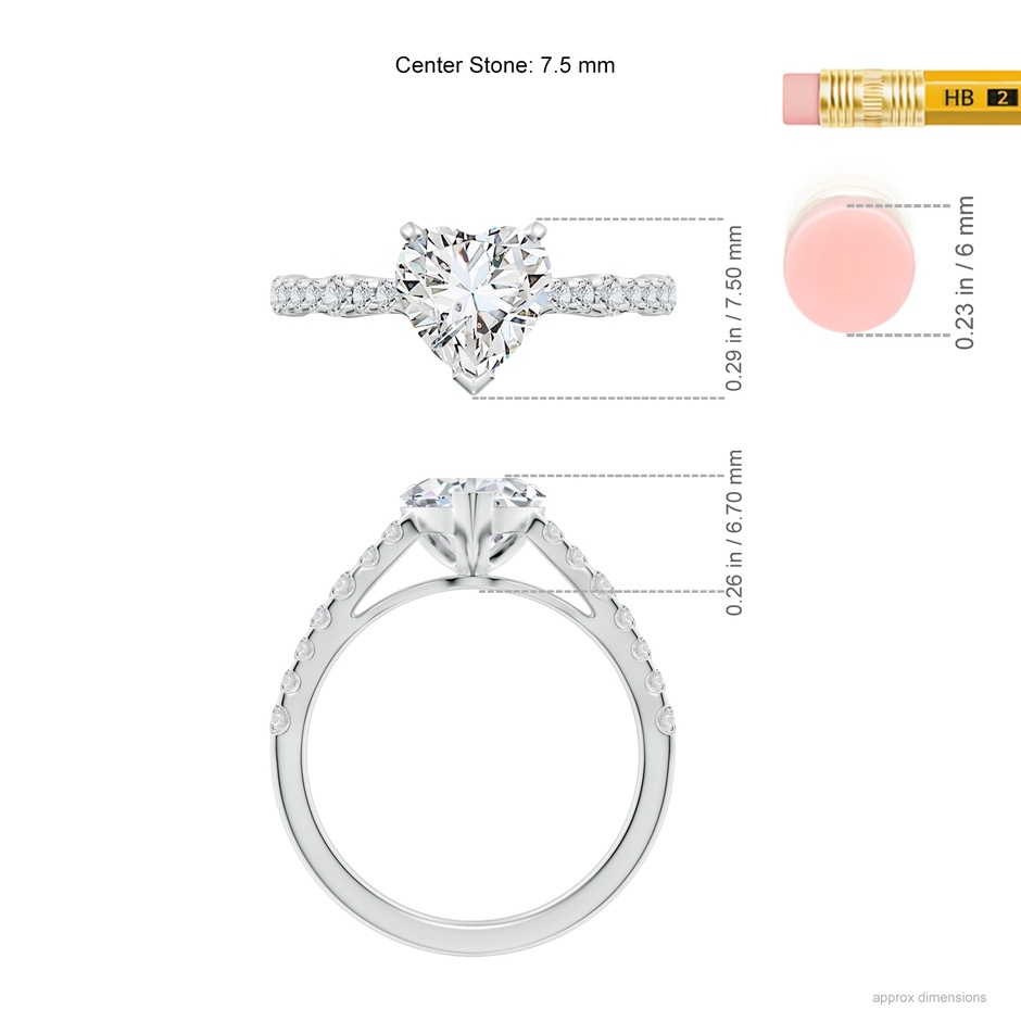 7.5mm HSI2 Solitaire Heart Diamond Station Engagement Ring in White Gold ruler