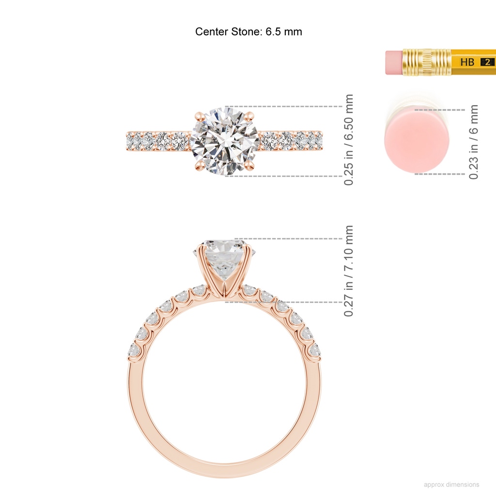 6.5mm IJI1I2 Round Diamond Solitaire Engagement Ring with Diamond Accents in Rose Gold ruler