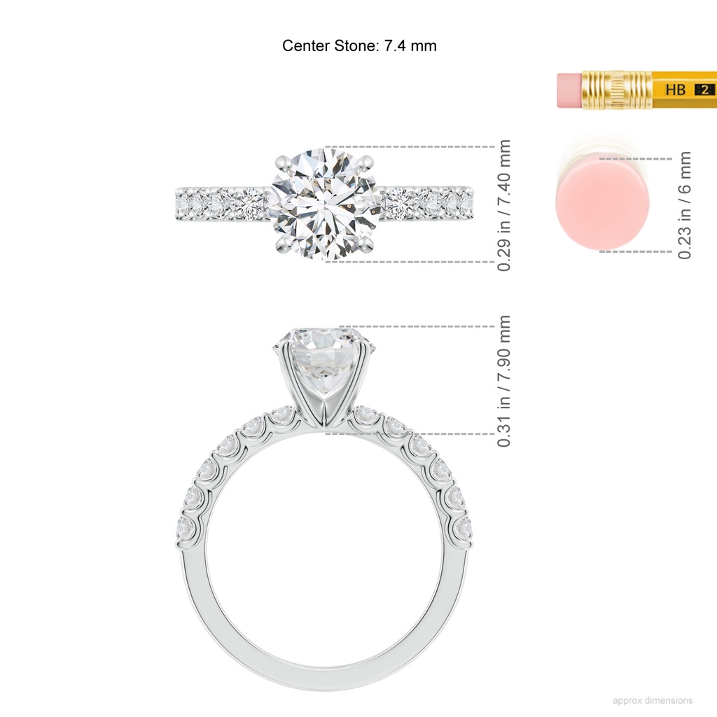 7.4mm HSI2 Round Diamond Solitaire Engagement Ring with Diamond Accents in White Gold ruler