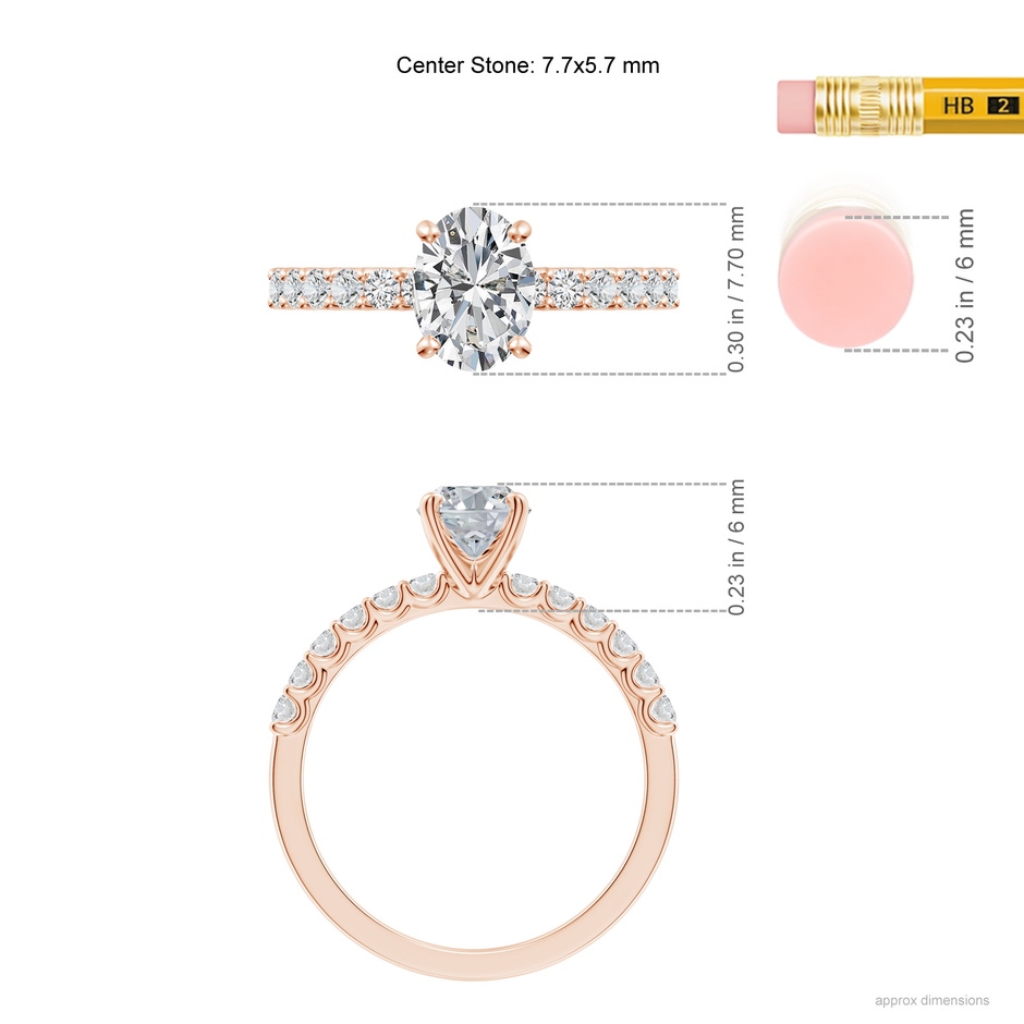 7.7x5.7mm HSI2 Oval Diamond Solitaire Engagement Ring with Diamond Accents in Rose Gold ruler