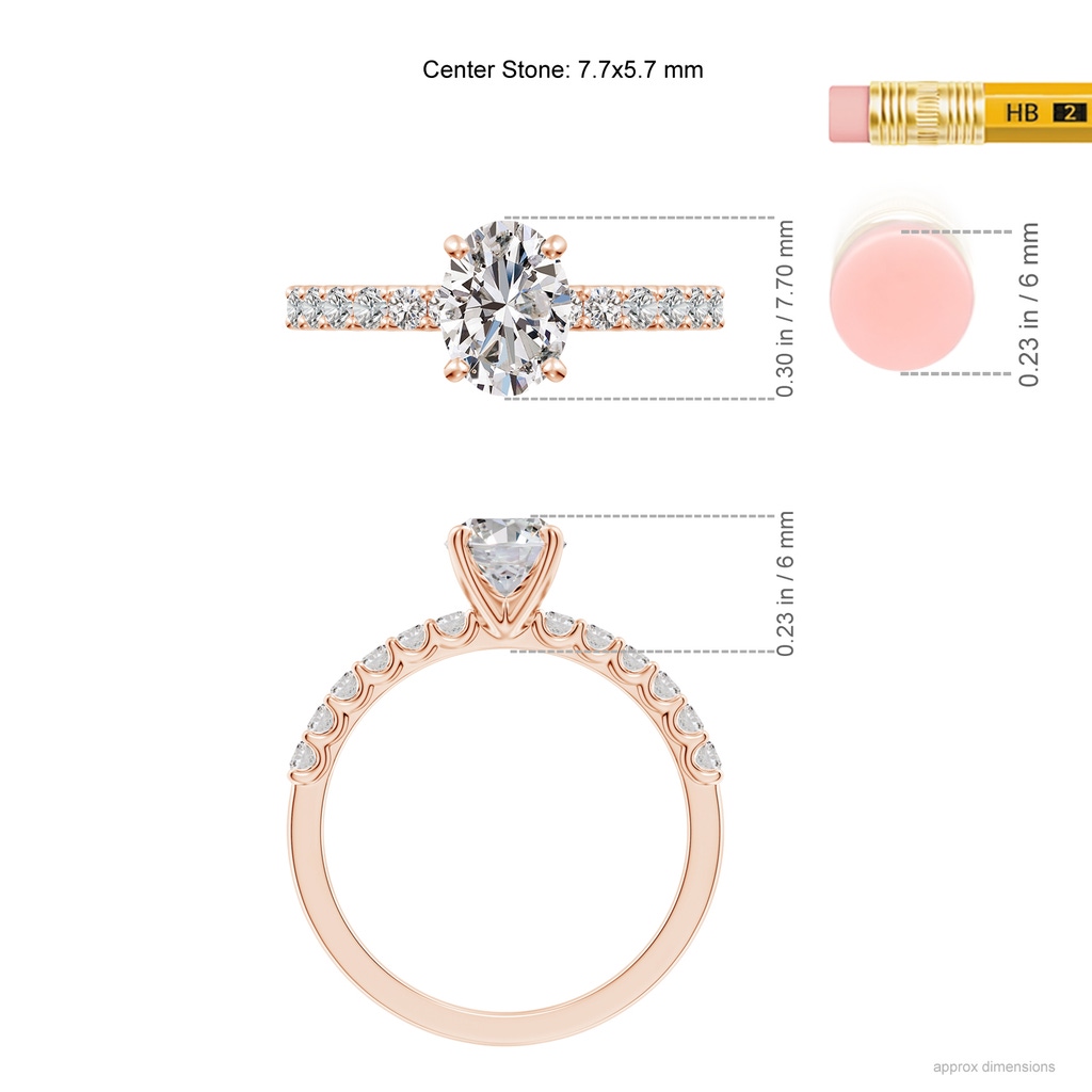 7.7x5.7mm IJI1I2 Oval Diamond Solitaire Engagement Ring with Diamond Accents in Rose Gold ruler