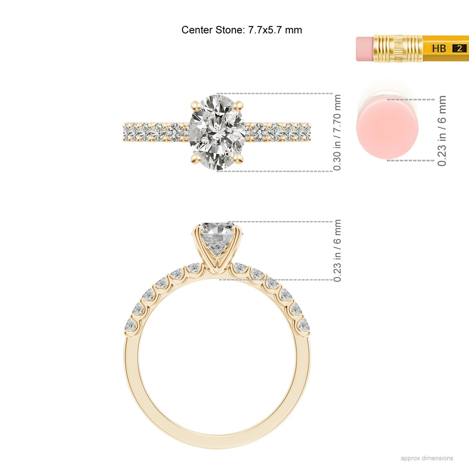 7.7x5.7mm KI3 Oval Diamond Solitaire Engagement Ring with Diamond Accents in Yellow Gold ruler