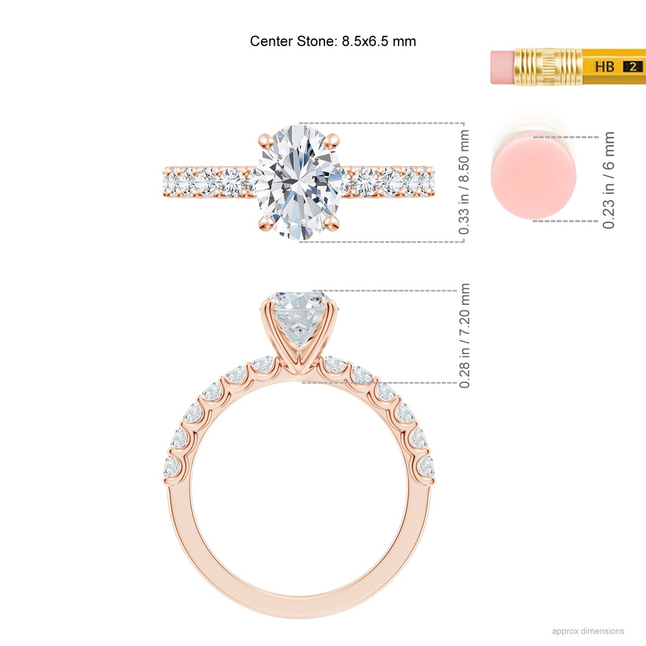 8.5x6.5mm GVS2 Oval Diamond Solitaire Engagement Ring with Diamond Accents in 18K Rose Gold ruler