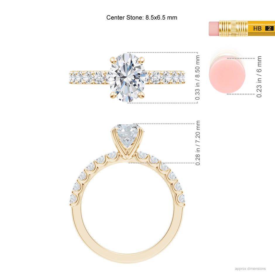 8.5x6.5mm GVS2 Oval Diamond Solitaire Engagement Ring with Diamond Accents in Yellow Gold ruler