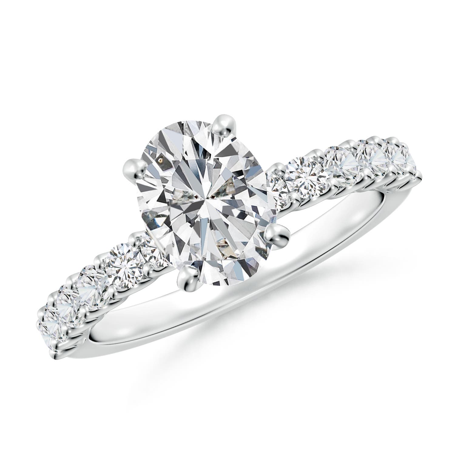 8.5x6.5mm HSI2 Oval Diamond Solitaire Engagement Ring with Diamond Accents in 18K White Gold