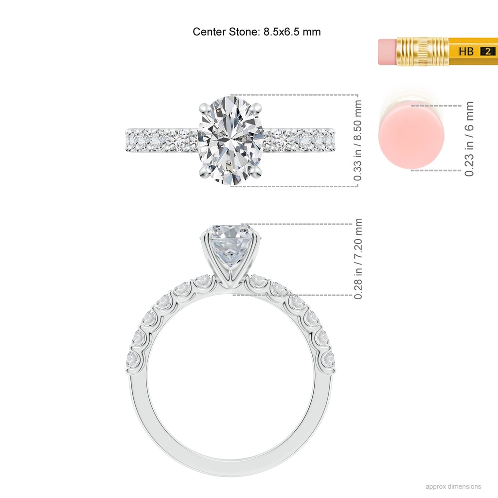 8.5x6.5mm HSI2 Oval Diamond Solitaire Engagement Ring with Diamond Accents in White Gold ruler