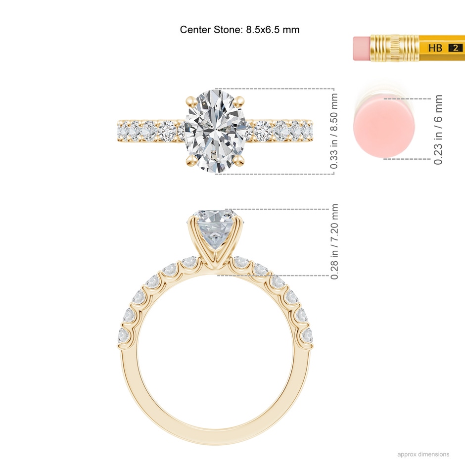 8.5x6.5mm HSI2 Oval Diamond Solitaire Engagement Ring with Diamond Accents in Yellow Gold ruler
