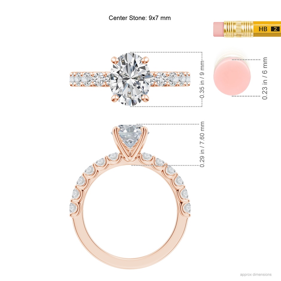 9x7mm HSI2 Oval Diamond Solitaire Engagement Ring with Diamond Accents in 18K Rose Gold ruler