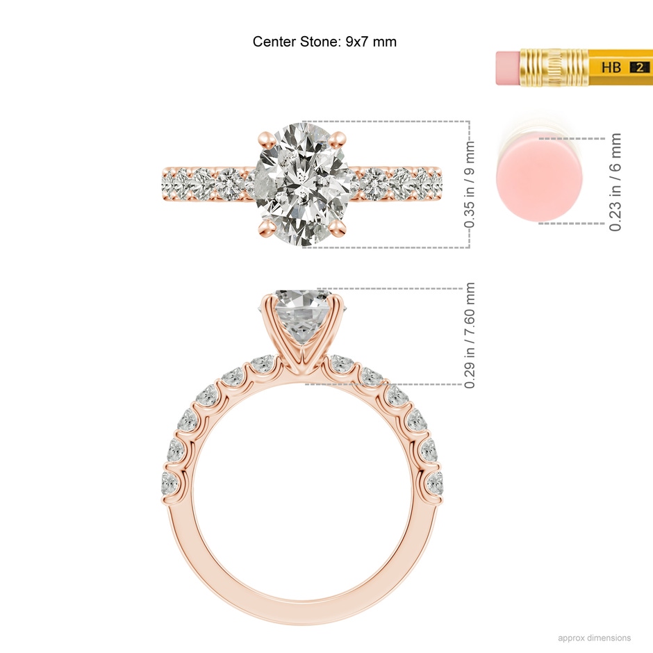 9x7mm KI3 Oval Diamond Solitaire Engagement Ring with Diamond Accents in Rose Gold ruler