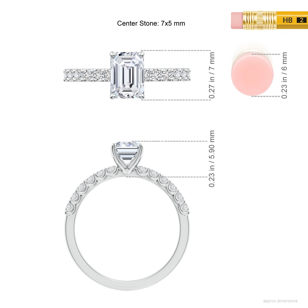 7x5mm HSI2 Emerald-Cut Diamond Solitaire Engagement Ring with Diamond Accents in White Gold ruler