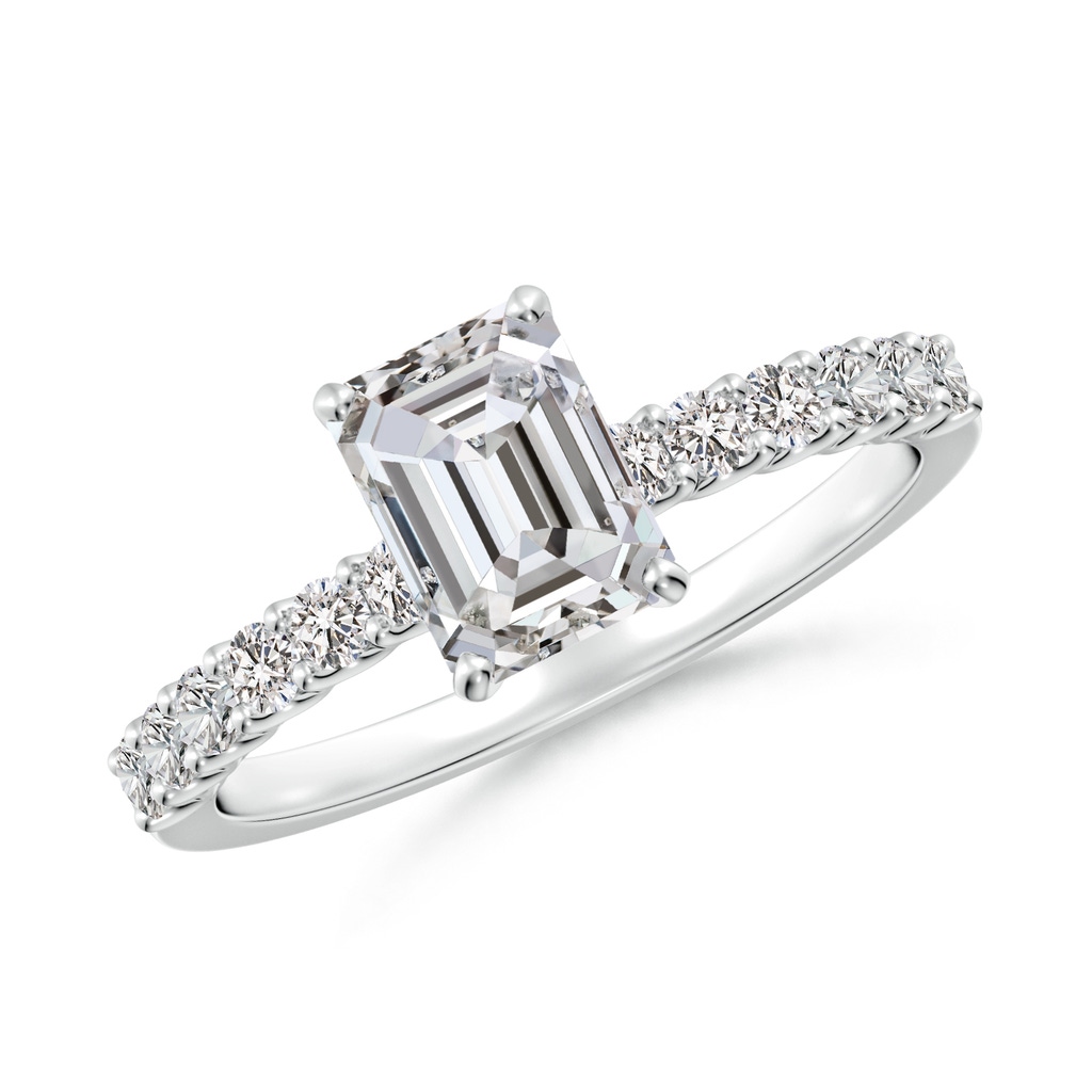7x5mm IJI1I2 Emerald-Cut Diamond Solitaire Engagement Ring with Diamond Accents in White Gold