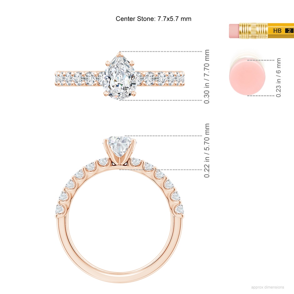 7.7x5.7mm GVS2 Pear Diamond Solitaire Engagement Ring with Diamond Accents in Rose Gold ruler