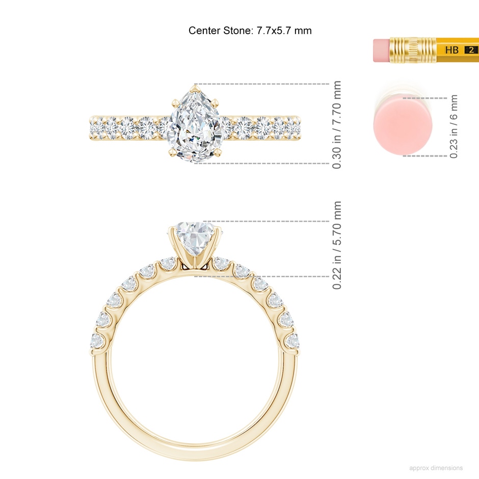 7.7x5.7mm GVS2 Pear Diamond Solitaire Engagement Ring with Diamond Accents in Yellow Gold ruler