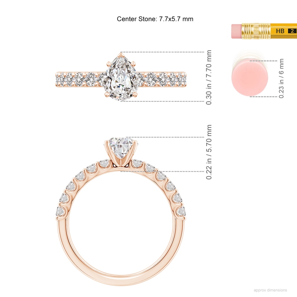 7.7x5.7mm IJI1I2 Pear Diamond Solitaire Engagement Ring with Diamond Accents in Rose Gold ruler