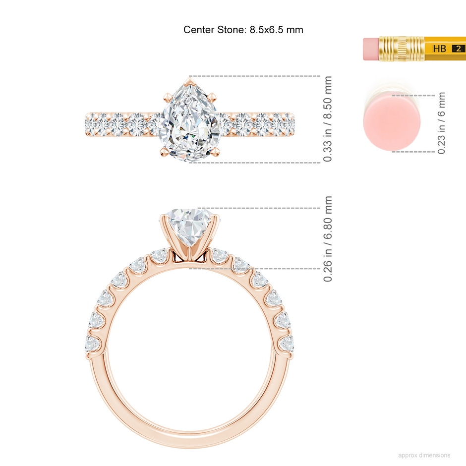 8.5x6.5mm GVS2 Pear Diamond Solitaire Engagement Ring with Diamond Accents in Rose Gold ruler