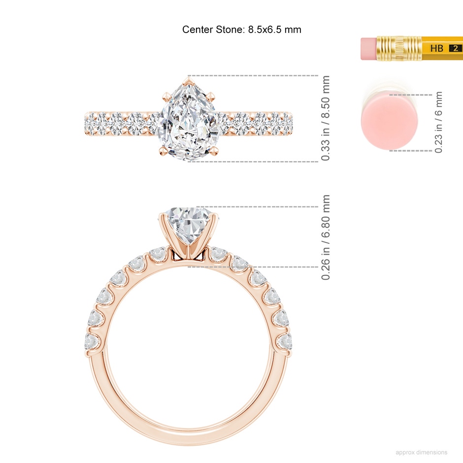 8.5x6.5mm HSI2 Pear Diamond Solitaire Engagement Ring with Diamond Accents in Rose Gold ruler