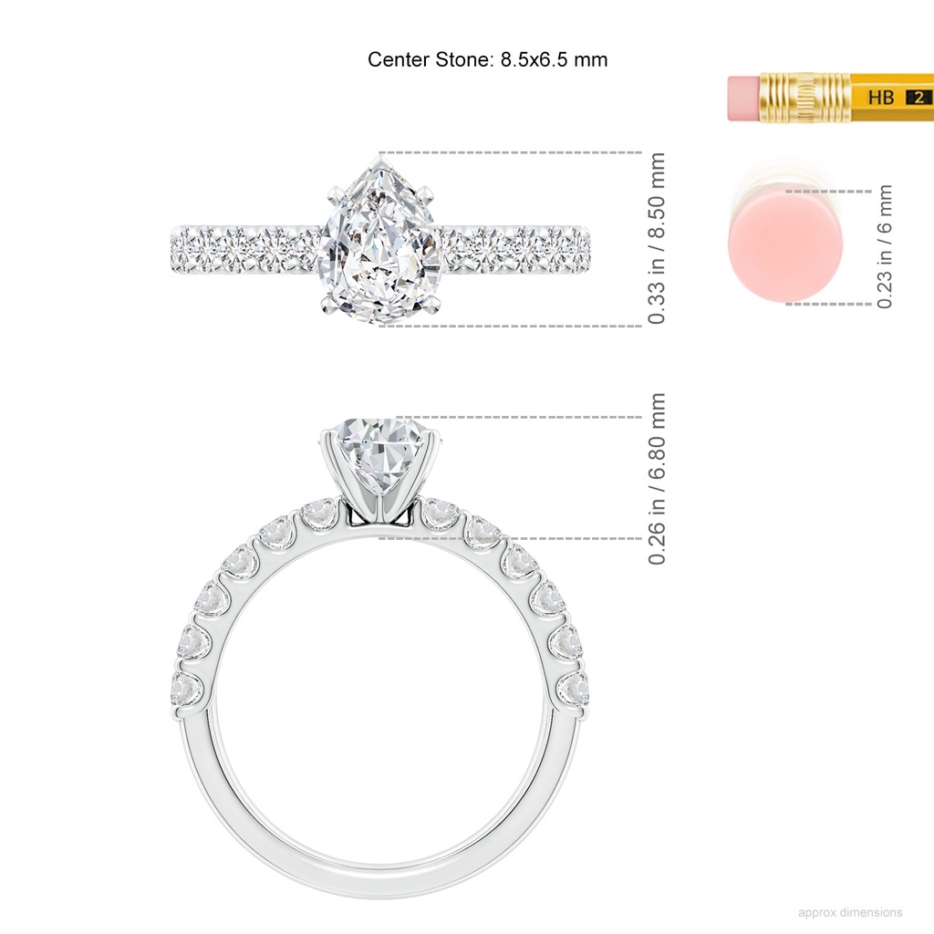 8.5x6.5mm HSI2 Pear Diamond Solitaire Engagement Ring with Diamond Accents in White Gold ruler