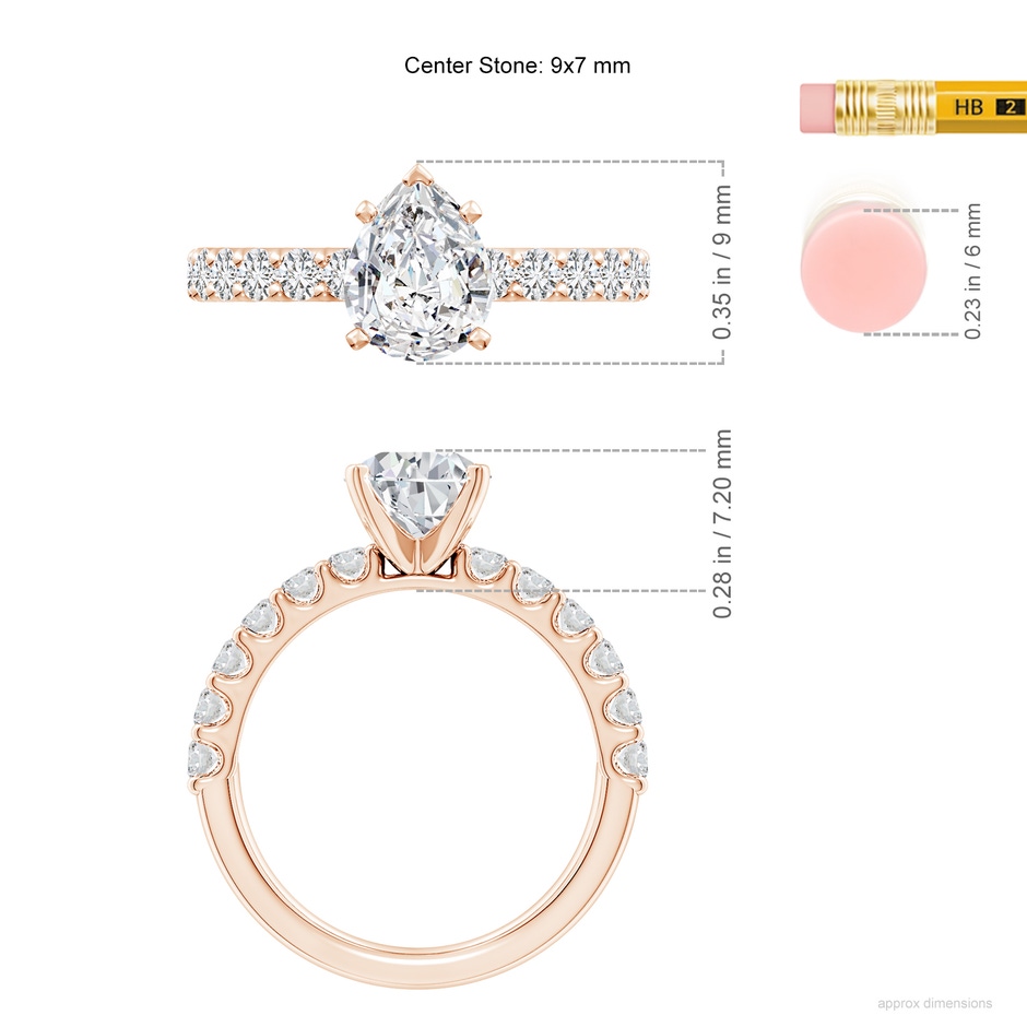 9x7mm HSI2 Pear Diamond Solitaire Engagement Ring with Diamond Accents in Rose Gold ruler