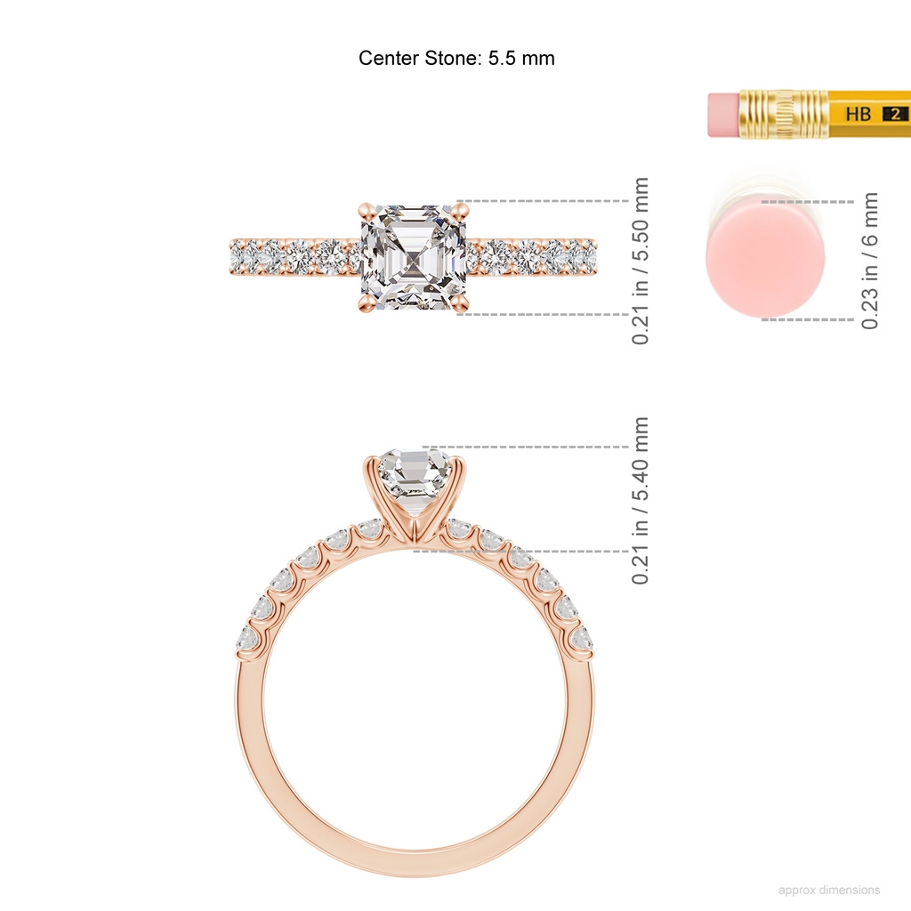 5.5mm IJI1I2 Asscher-Cut Diamond Solitaire Engagement Ring with Diamond Accents in Rose Gold ruler