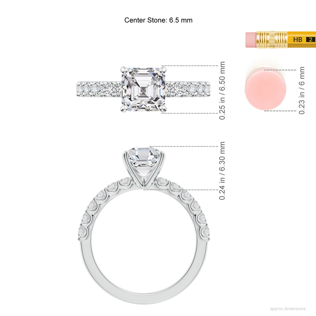 6.5mm HSI2 Asscher-Cut Diamond Solitaire Engagement Ring with Diamond Accents in White Gold ruler