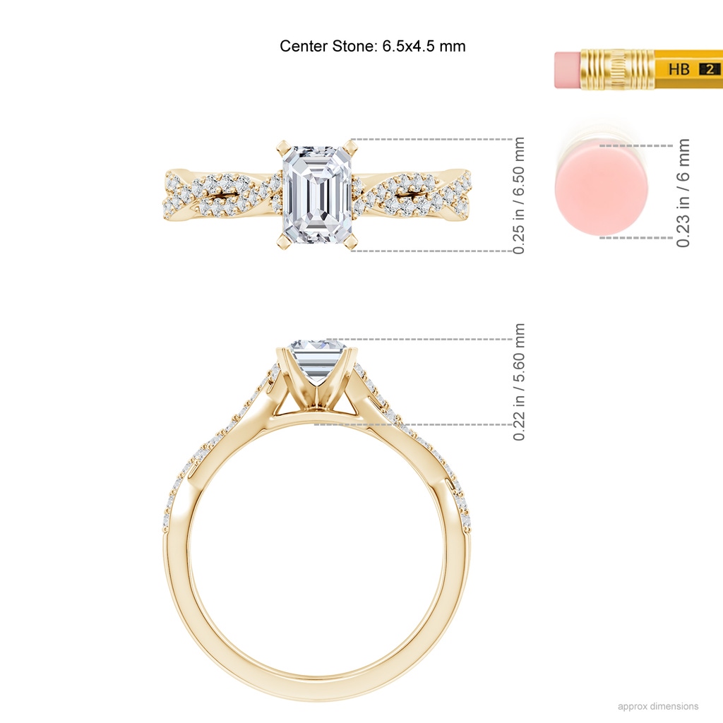 6.5x4.5mm HSI2 Peg Head Emerald-Cut Diamond Twist Shank Engagement Ring in Yellow Gold ruler