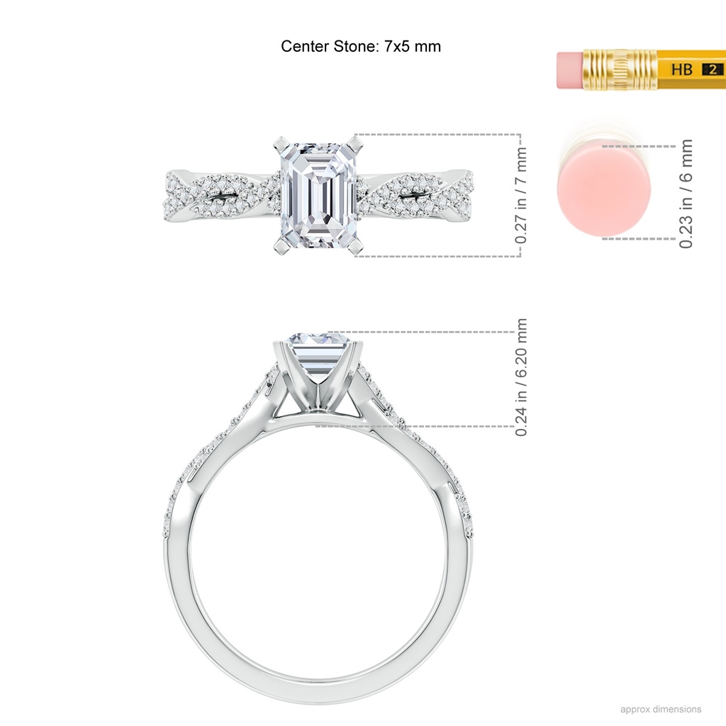 7x5mm HSI2 Peg Head Emerald-Cut Diamond Twist Shank Engagement Ring in White Gold ruler