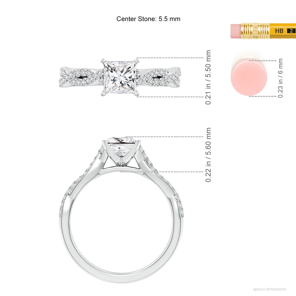5.5mm HSI2 Peg Head Princess-Cut Diamond Twist Shank Engagement Ring in White Gold ruler
