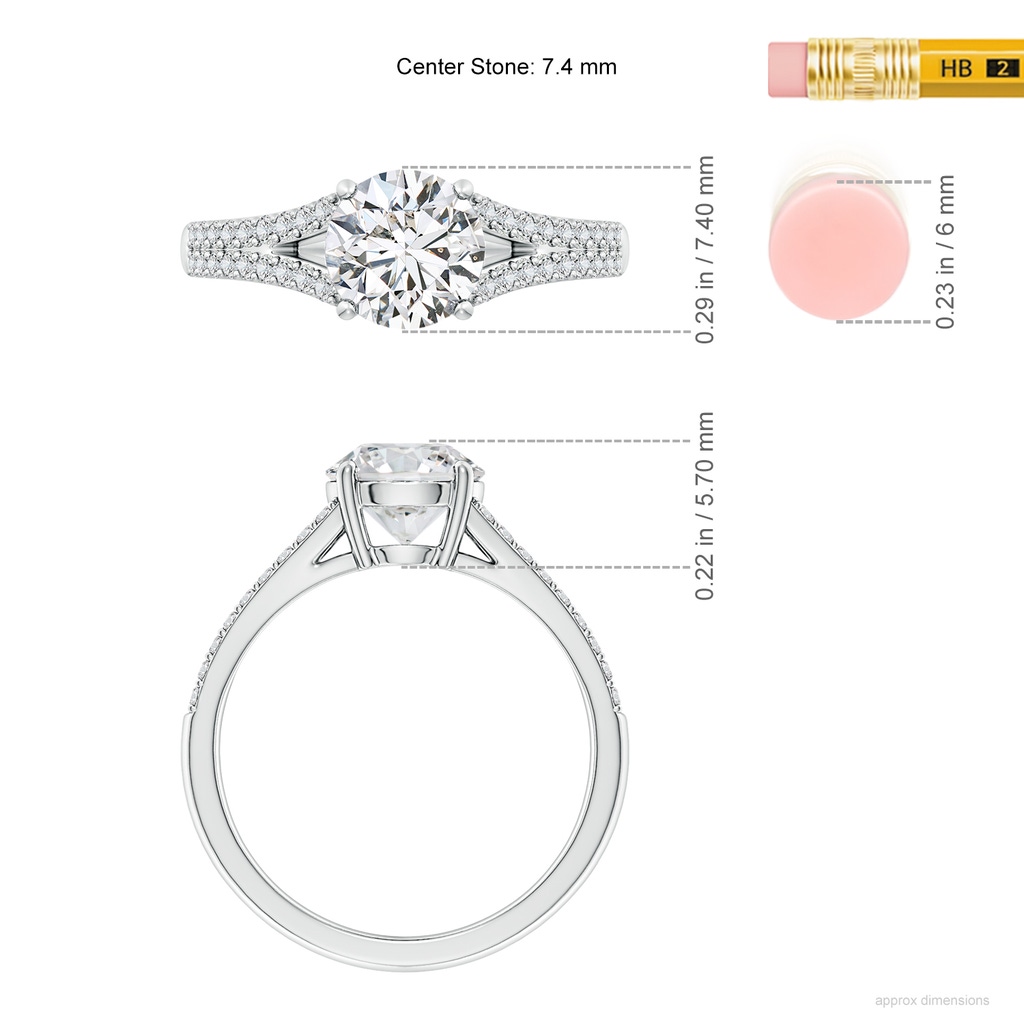 7.4mm HSI2 Solitaire Round Diamond Split Shank Engagement Ring in White Gold ruler