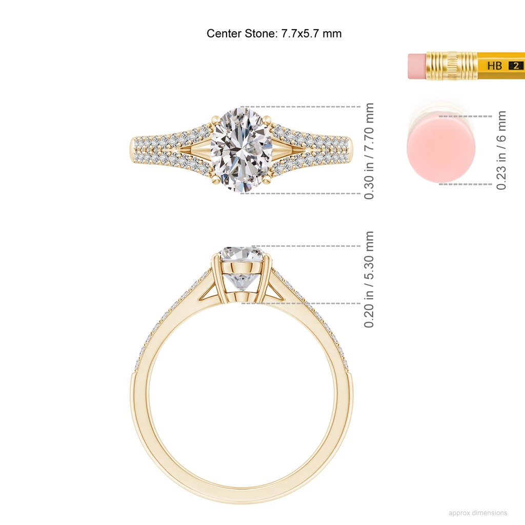 7.7x5.7mm IJI1I2 Solitaire Oval Diamond Split Shank Engagement Ring in Yellow Gold ruler