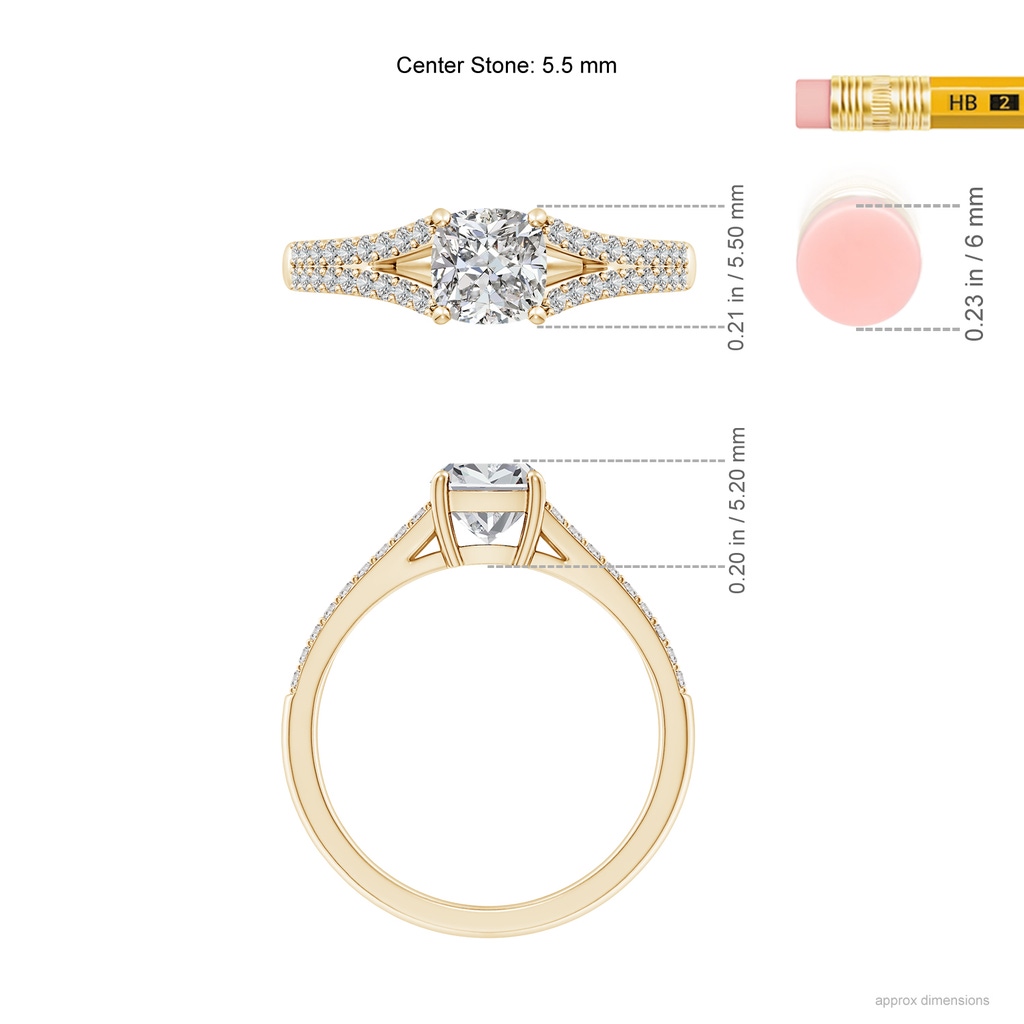 5.5mm IJI1I2 Solitaire Cushion Diamond Split Shank Engagement Ring in Yellow Gold ruler