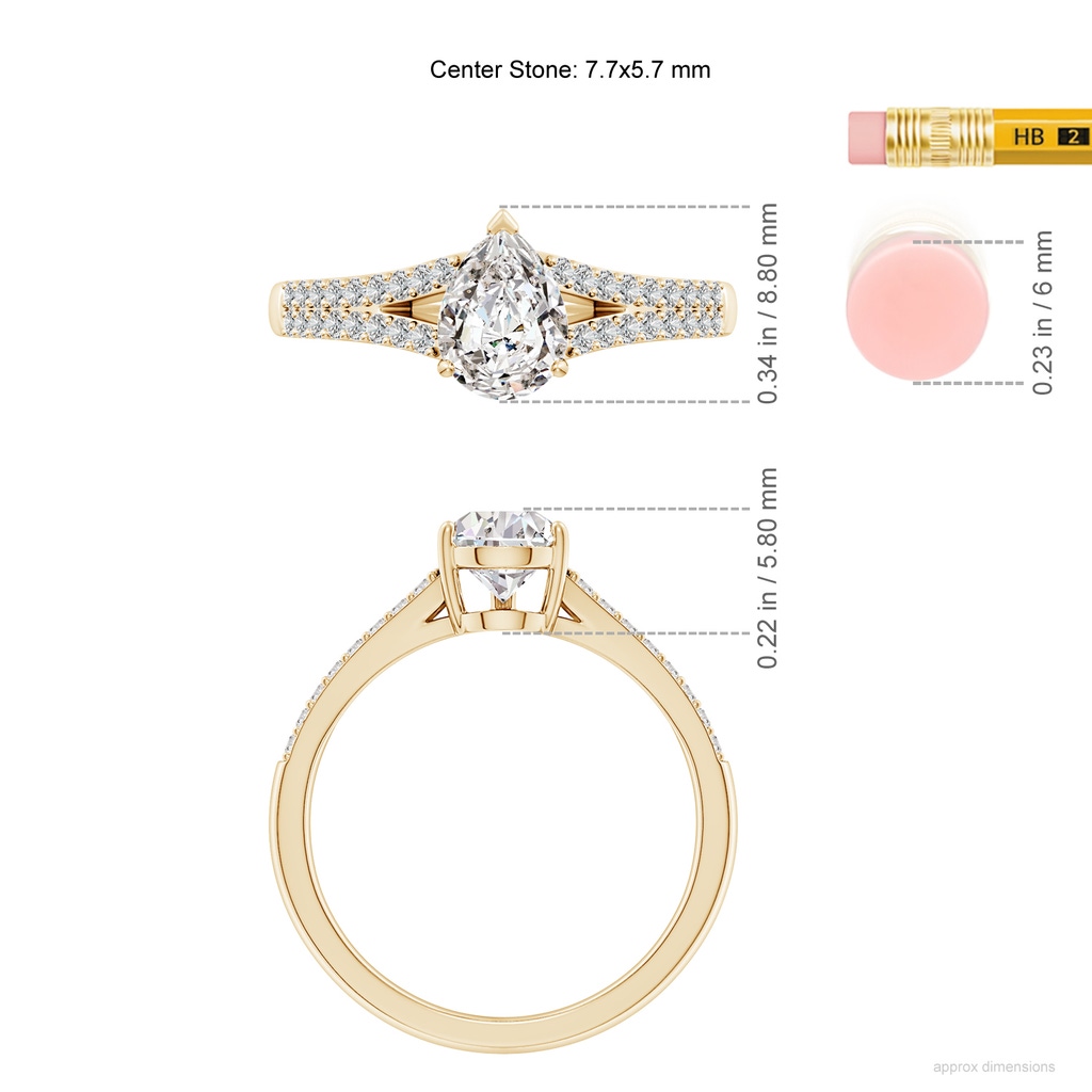7.7x5.7mm IJI1I2 Solitaire Pear Diamond Split Shank Engagement Ring in Yellow Gold ruler