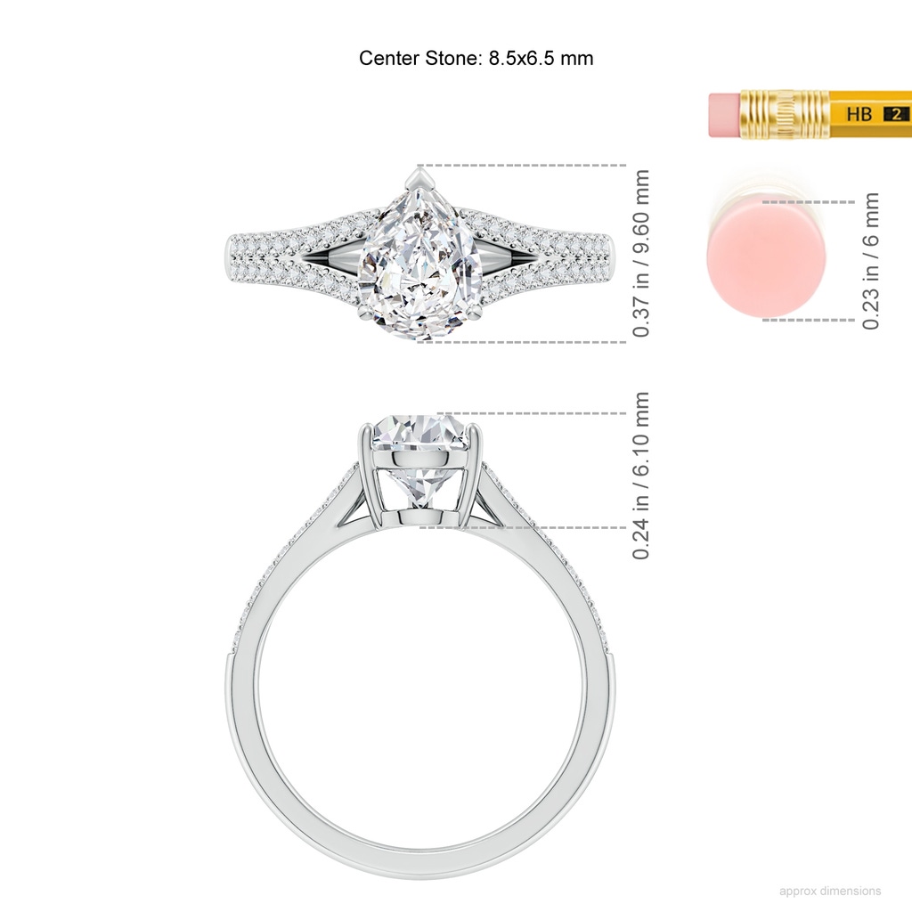 8.5x6.5mm HSI2 Solitaire Pear Diamond Split Shank Engagement Ring in White Gold ruler