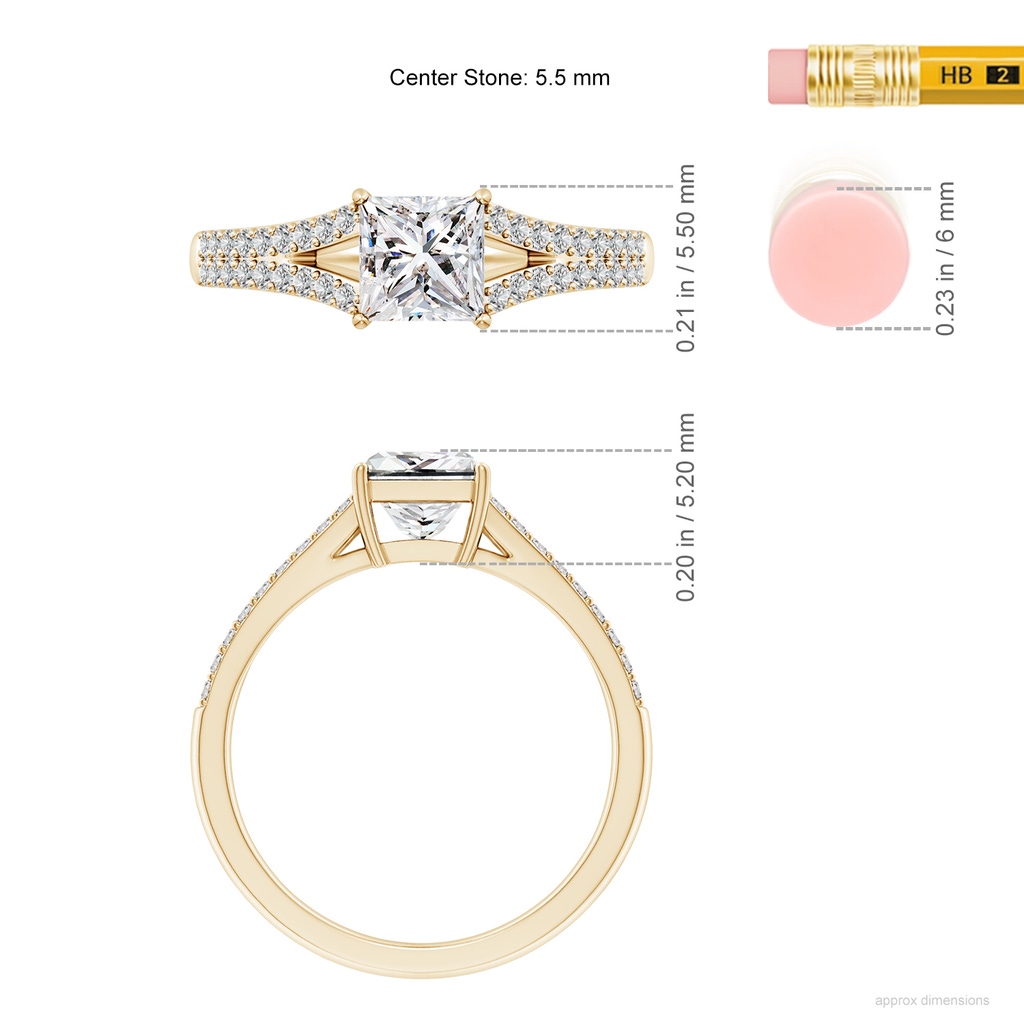 5.5mm IJI1I2 Solitaire Princess-Cut Diamond Split Shank Engagement Ring in Yellow Gold ruler