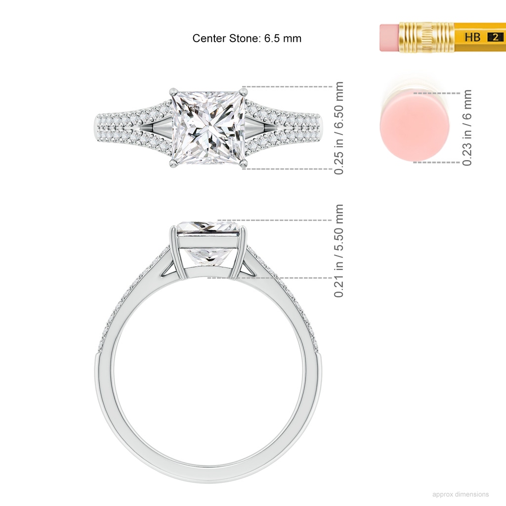 6.5mm HSI2 Solitaire Princess-Cut Diamond Split Shank Engagement Ring in White Gold ruler