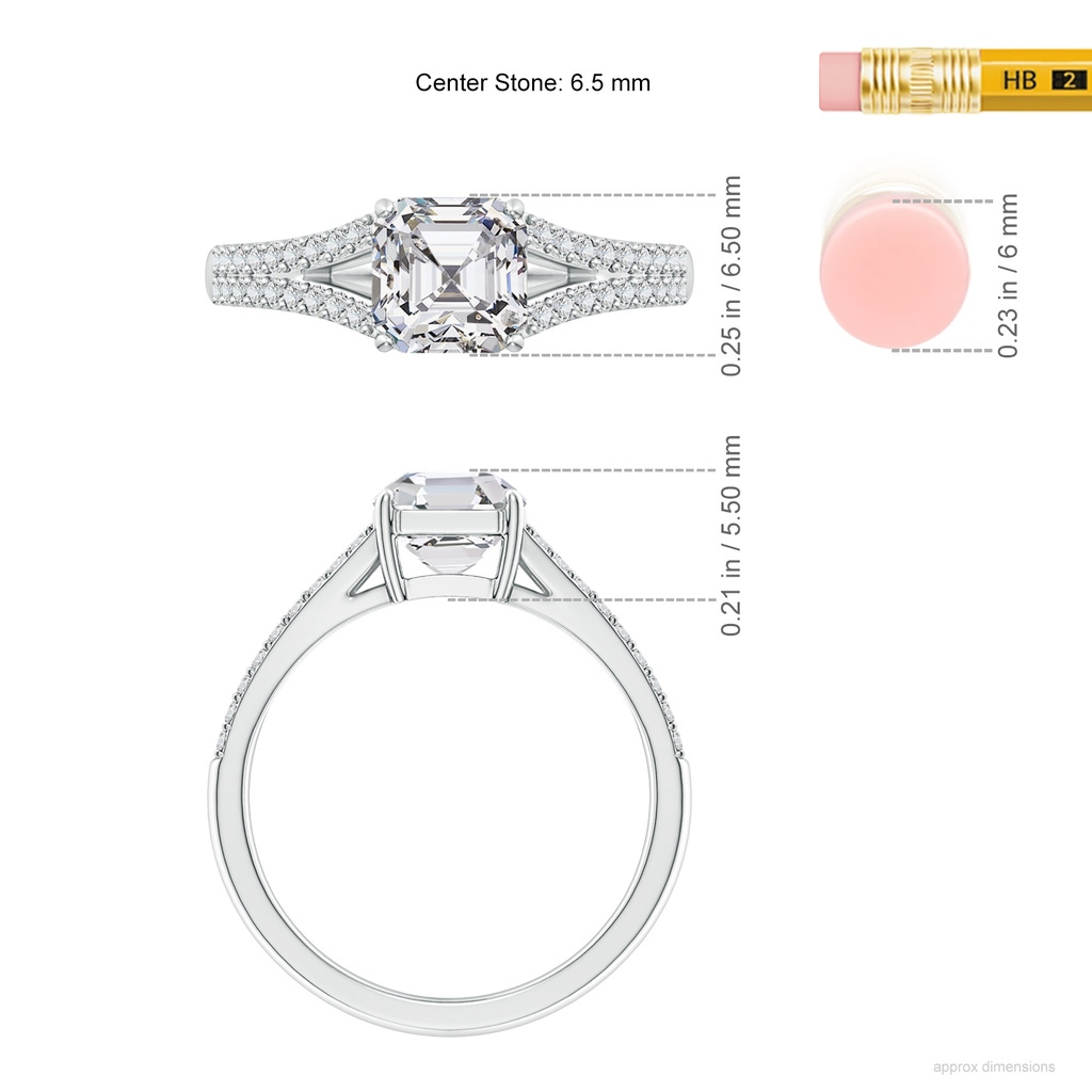 6.5mm HSI2 Solitaire Asscher-Cut Diamond Split Shank Engagement Ring in White Gold ruler