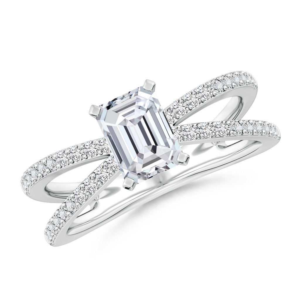 7x5mm HSI2 Solitaire Emerald-Cut Diamond Crossover Shank Engagement Ring in White Gold
