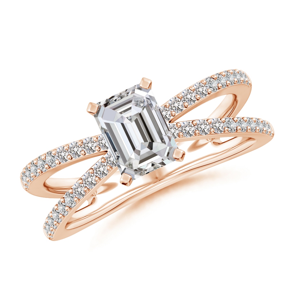 7x5mm IJI1I2 Solitaire Emerald-Cut Diamond Crossover Shank Engagement Ring in Rose Gold
