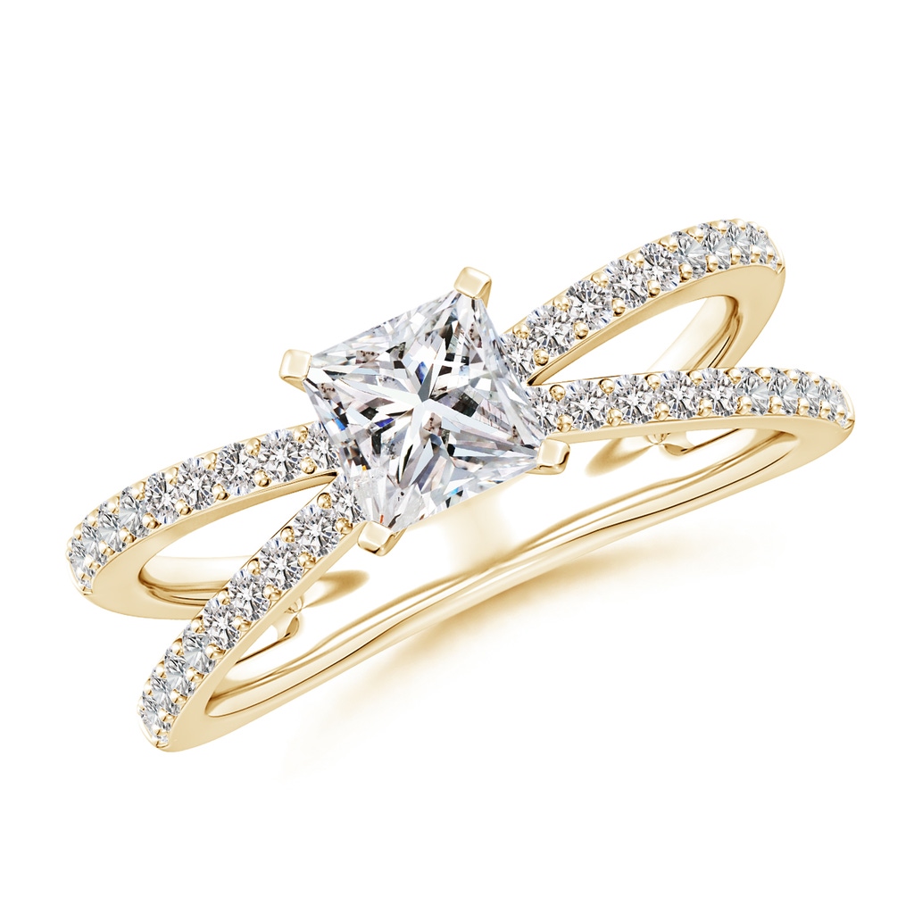 5.5mm IJI1I2 Solitaire Princess-Cut Diamond Crossover Shank Engagement Ring in Yellow Gold