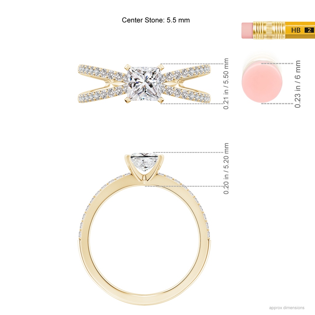 5.5mm IJI1I2 Solitaire Princess-Cut Diamond Crossover Shank Engagement Ring in Yellow Gold ruler