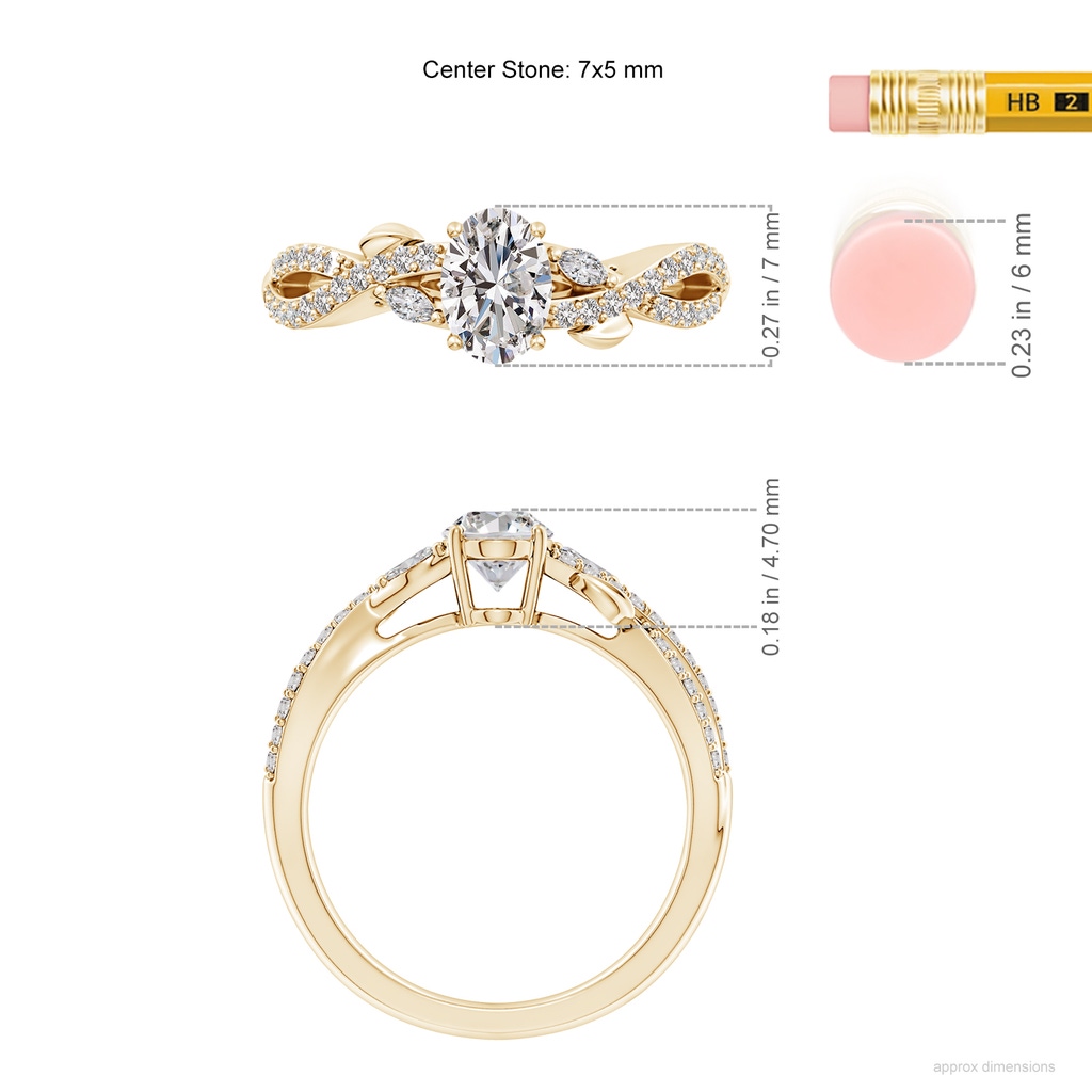 7x5mm IJI1I2 Nature-Inspired Oval and Marquise Diamond Side Stone Engagement Ring in Yellow Gold ruler