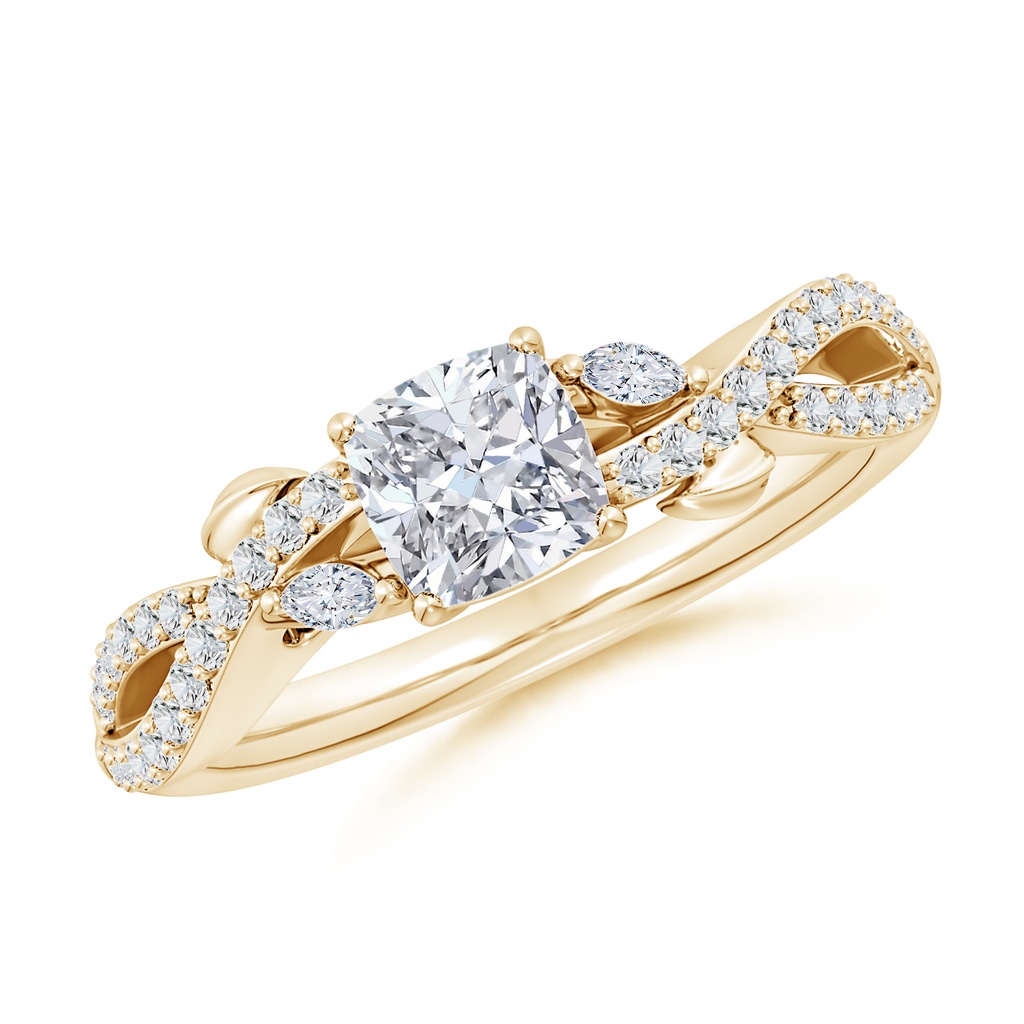 5.25mm HSI2 Nature-Inspired Cushion and Marquise Diamond Side Stone Engagement Ring in Yellow Gold