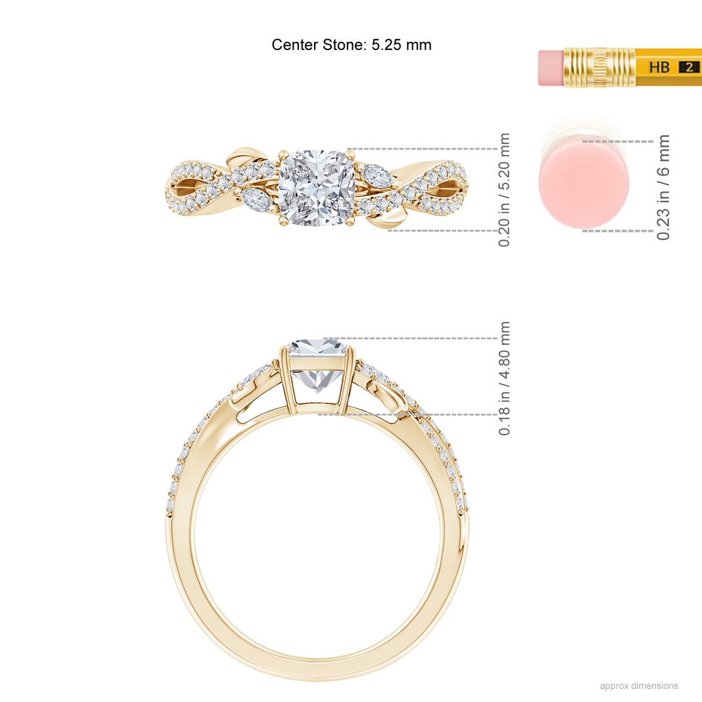 5.25mm HSI2 Nature-Inspired Cushion and Marquise Diamond Side Stone Engagement Ring in Yellow Gold ruler