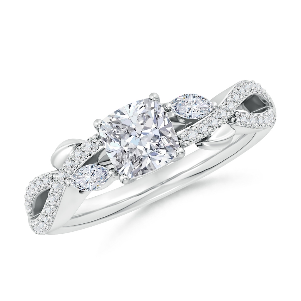 5.5mm HSI2 Nature-Inspired Cushion and Marquise Diamond Side Stone Engagement Ring in White Gold