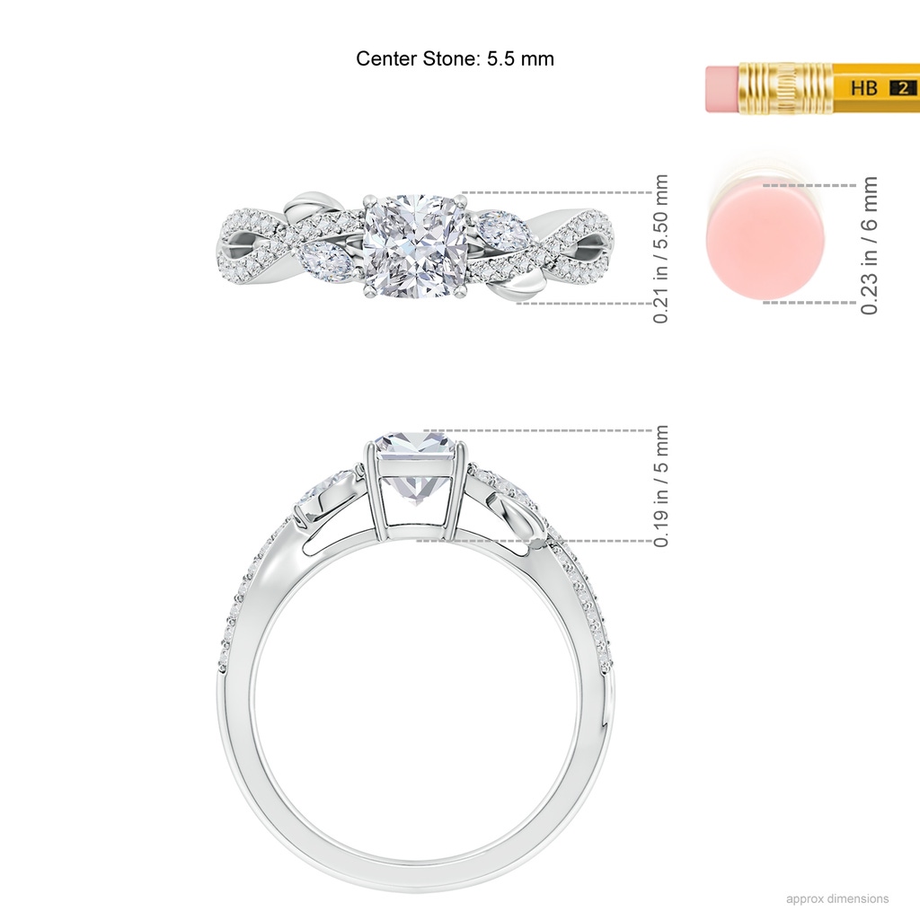 5.5mm HSI2 Nature-Inspired Cushion and Marquise Diamond Side Stone Engagement Ring in White Gold ruler