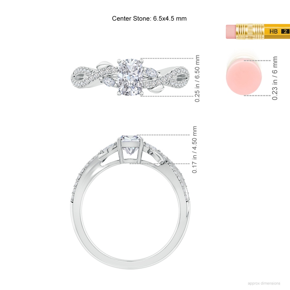 6.5x4.5mm HSI2 Nature-Inspired Cushion Rectangular and Marquise Diamond Side Stone Engagement Ring in White Gold ruler