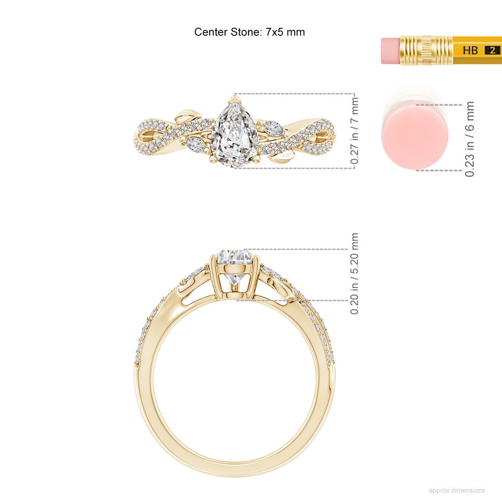 7x5mm IJI1I2 Nature-Inspired Pear and Marquise Diamond Side Stone Engagement Ring in Yellow Gold ruler