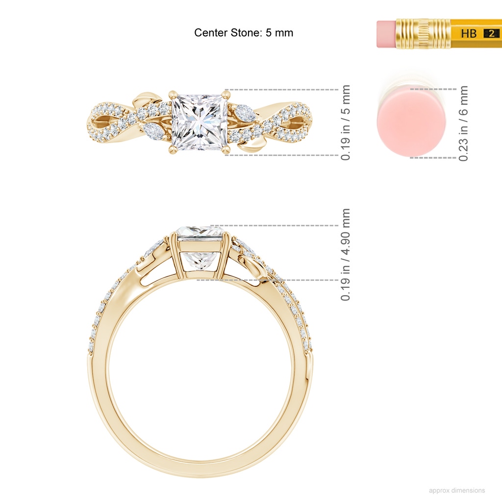 5mm GVS2 Nature-Inspired Princess-Cut and Marquise Diamond Side Stone Engagement Ring in Yellow Gold ruler
