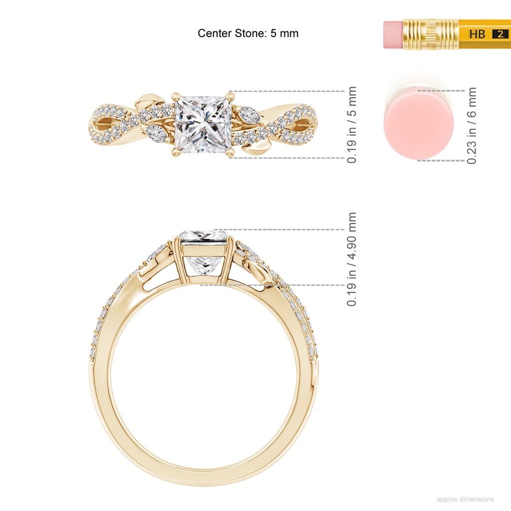 5mm IJI1I2 Nature-Inspired Princess-Cut and Marquise Diamond Side Stone Engagement Ring in Yellow Gold ruler
